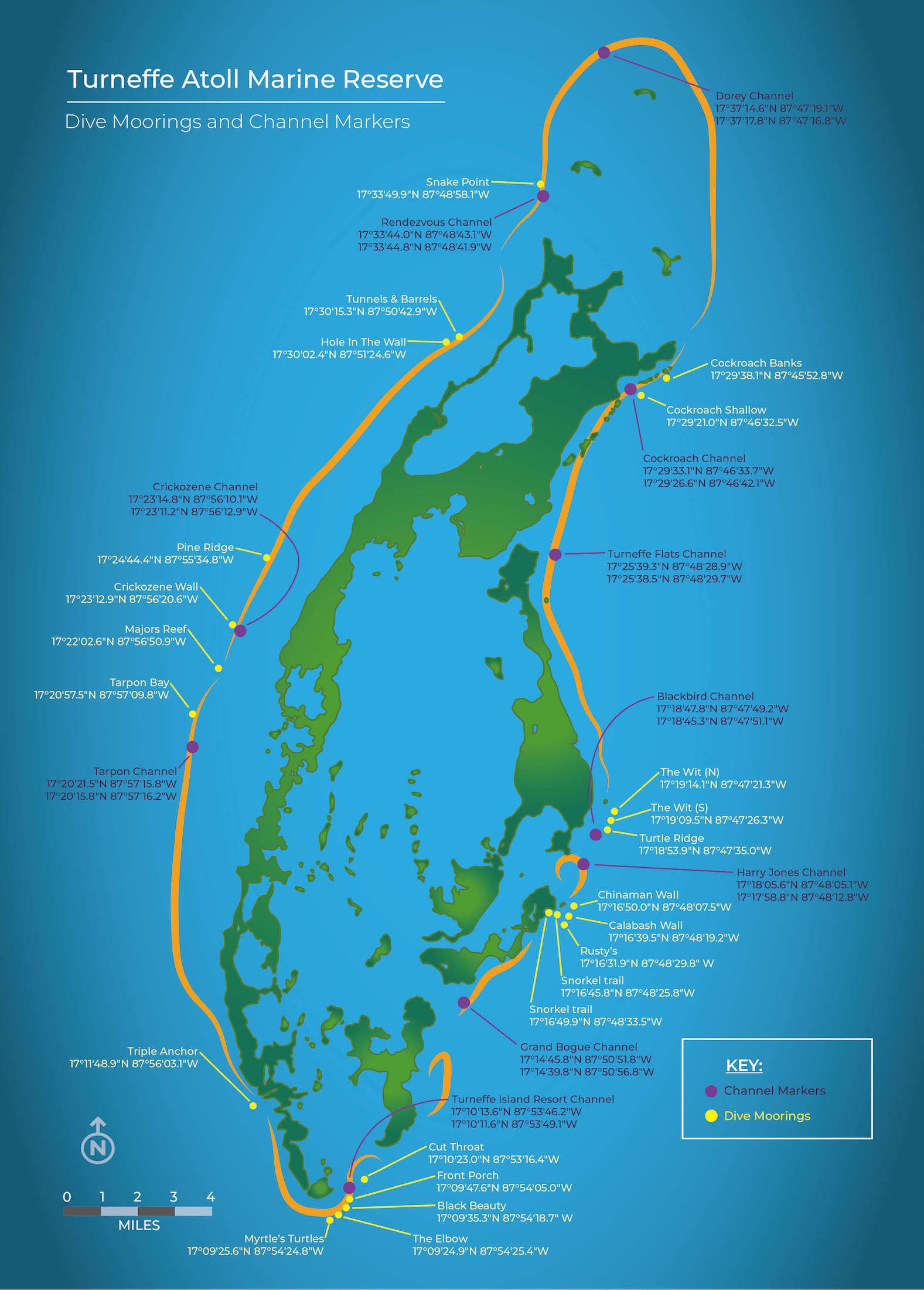Map Turneffe Atoll Marine Reserve Channel Markers & Dive Buoys